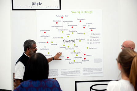 Sethu Das explains Visual Thesaurus developed by Design & People for the word 'Swaraj' during 'Re-Designing the East: Political Design in Asia and Europe' symposium  at the Wrttembergischer Kunstverein at Stuttgart, Germany. (Photo: Sung Hyun Sohn, Activism of Graphic Imagination, South Korea)