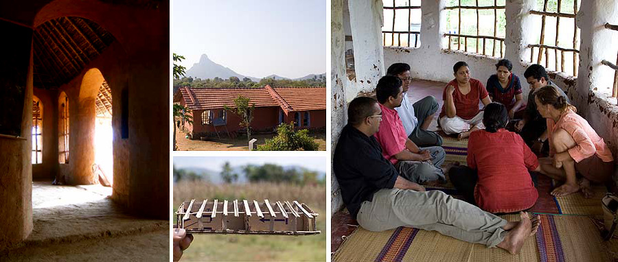 Buddha Smiles: 1) An aerial view of the Buddha Smiles School at Karumbapalayam, near Vellore in Tamil Nadu to offer formal education to the poor and marginalised sections of society with a special emphasis on girls' education.  2) A paper model of the community cow shed built for the Buddha Smiles School; and 3) Design & People Architects - Suku Dass, Rajasekharan Menon, Kunjan Garg and Niranjan Das Sharma having in discussion with Dr Ramu Manivannan, founder of the Buddha Smiles education movement.