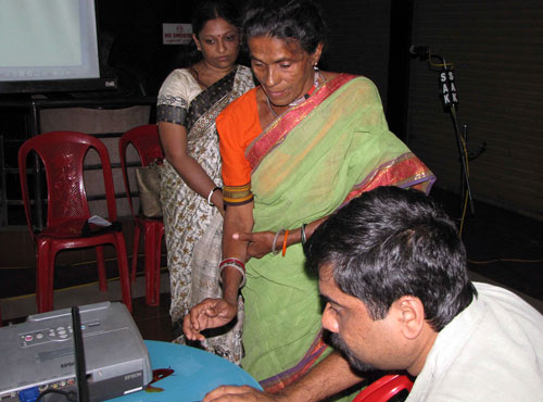 'Daya Bai', India's maverick activist relaunches 'Creative Resistance' during a 'Face to Face' with her organised by Design & People and BookPort at Ernakulam on August 3, 2009. Journalist and Novelist KR Meera and Niranjan Das Sharma of Design & People next to her.