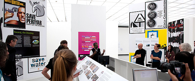 Design & People Co-founder Sethu Das presents the Indian section of the 'Re-Designing the East: Political Design in Asia and Europe' symposium/exhibition at the Württembergischer Kunstverein at Stuttgart, Germany on September 25, 2010. The section titled 'Swaraj in Design: Opportunities for Conscious Learning and Sharing' is on the work and philosophy of Design & People, an organisation he co-founded in the year 2003. The exhibition will continue till January 09, 2011. (Photo: Sung Hyun Sohn / Activism of Graphic Imagination, South Korea)